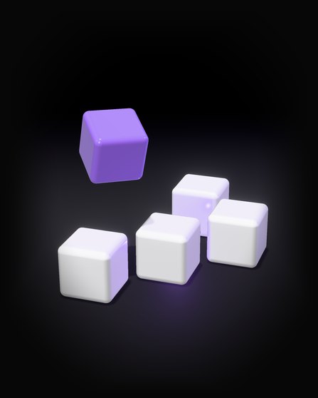 The five cubes of the Premys mark: four white cubes in place on a dark surface, and the violet one lifted out above its spot.